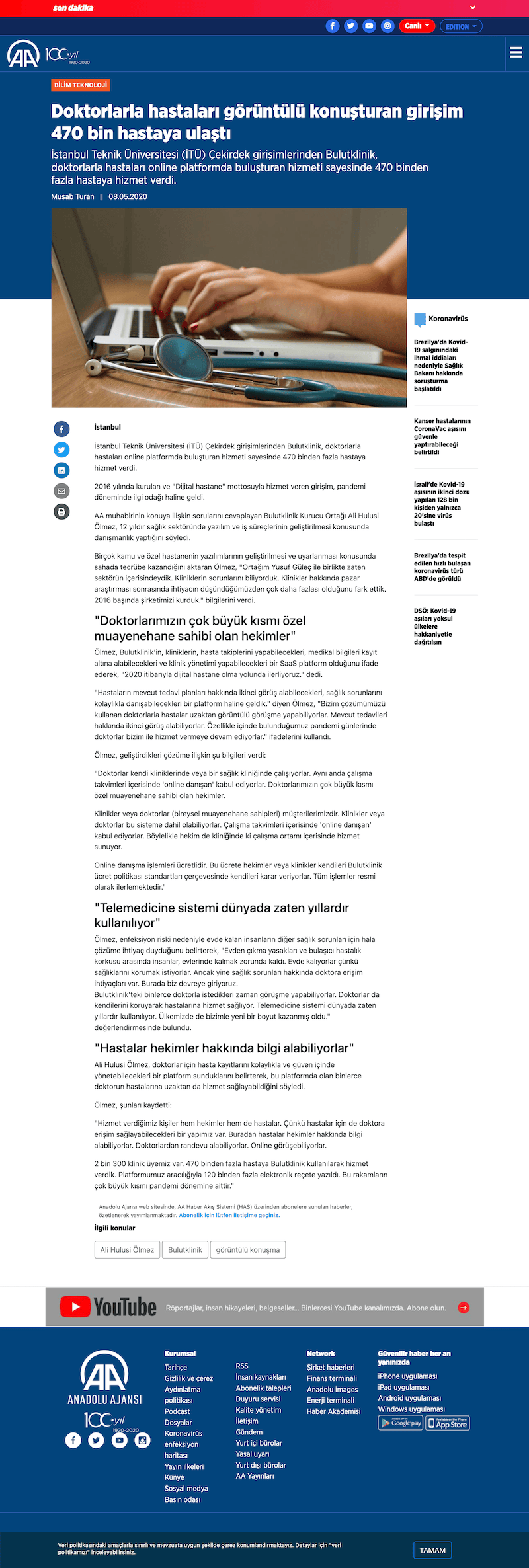 Doktorlarla hastaları görüntülü konuşturan girişim 470 bin hastaya ulaştı